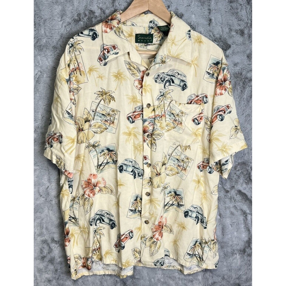 Vtg Scandia Woods Hawaiian Shirt XL Classic Cars Palm Trees Hibiscus Rayon Aloha